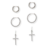 107025, 3 PAIRS, ROUND HOOPS, BALL ACCENT CROSS EARRING SET