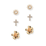 107026, 3 PAIRS, PEARL, FLOWER, PAVE CROSS STUD EARRING SET