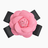 107093, ROSE FLOWER FAUX LEATHER BOW PIN BROOCH, CLIP