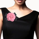 107093, ROSE FLOWER FAUX LEATHER BOW PIN BROOCH, CLIP