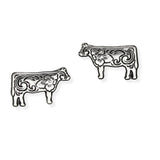 107103, WESTERN THEMED FLOWER ENGRAVED COW STUD EARRING