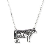 107106, WESTERN THEMED FLOWER ENGRAVED COW PENDANT NECKLACE