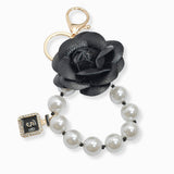 107110, FAUX LEATHER ROSE FLOWER WITH PERFUME BOTTLE CHARM PEARL KEYCHAIN AND BAG CHARM
