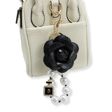 107110, FAUX LEATHER ROSE FLOWER WITH PERFUME BOTTLE CHARM PEARL KEYCHAIN AND BAG CHARM