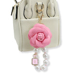 107110, FAUX LEATHER ROSE FLOWER WITH PERFUME BOTTLE CHARM PEARL KEYCHAIN AND BAG CHARM
