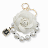 107110, FAUX LEATHER ROSE FLOWER WITH PERFUME BOTTLE CHARM PEARL KEYCHAIN AND BAG CHARM