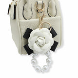 107111, FAUX LEATHER ROSE FLOWER WITH BOW PEARL KEYCHAIN AND BAG CHARM