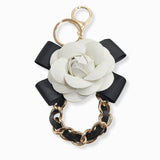 107112, FAUX LEATHER ROSE FLOWER WITH BOW CHAIN KEYCHAIN AND BAG CHARM