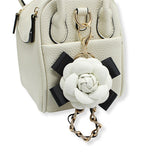 107112, FAUX LEATHER ROSE FLOWER WITH BOW CHAIN KEYCHAIN AND BAG CHARM