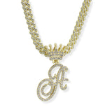 107124, INITIAL CROWN CRYSTAL RHINESTONE CHAIN PENDANT NECKLACE