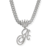 107123, INITIAL CROWN CRYSTAL RHINESTONE CHAIN PENDANT NECKLACE