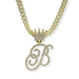 107124, INITIAL CROWN CRYSTAL RHINESTONE CHAIN PENDANT NECKLACE