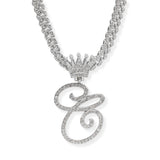 107123, INITIAL CROWN CRYSTAL RHINESTONE CHAIN PENDANT NECKLACE