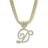 107124, INITIAL CROWN CRYSTAL RHINESTONE CHAIN PENDANT NECKLACE