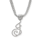 107123, INITIAL CROWN CRYSTAL RHINESTONE CHAIN PENDANT NECKLACE