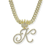 107124, INITIAL CROWN CRYSTAL RHINESTONE CHAIN PENDANT NECKLACE