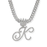 107123, INITIAL CROWN CRYSTAL RHINESTONE CHAIN PENDANT NECKLACE
