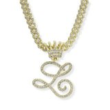 107124, INITIAL CROWN CRYSTAL RHINESTONE CHAIN PENDANT NECKLACE
