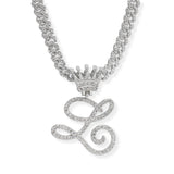 107123, INITIAL CROWN CRYSTAL RHINESTONE CHAIN PENDANT NECKLACE
