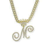107124, INITIAL CROWN CRYSTAL RHINESTONE CHAIN PENDANT NECKLACE