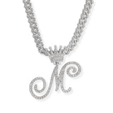 107123, INITIAL CROWN CRYSTAL RHINESTONE CHAIN PENDANT NECKLACE