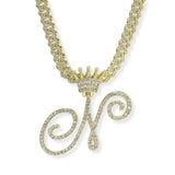 107124, INITIAL CROWN CRYSTAL RHINESTONE CHAIN PENDANT NECKLACE