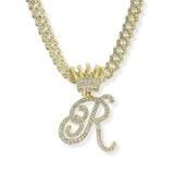 107124, INITIAL CROWN CRYSTAL RHINESTONE CHAIN PENDANT NECKLACE