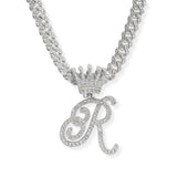 107123, INITIAL CROWN CRYSTAL RHINESTONE CHAIN PENDANT NECKLACE