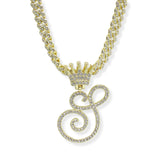 107124, INITIAL CROWN CRYSTAL RHINESTONE CHAIN PENDANT NECKLACE