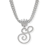 107123, INITIAL CROWN CRYSTAL RHINESTONE CHAIN PENDANT NECKLACE