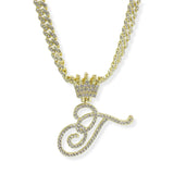 107124, INITIAL CROWN CRYSTAL RHINESTONE CHAIN PENDANT NECKLACE