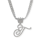 107123, INITIAL CROWN CRYSTAL RHINESTONE CHAIN PENDANT NECKLACE