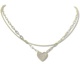 107728, 14K GOLD PLATED PAVE CUBIC ZIRCONIA HEART DOUBLE LAYERED DESIGNER INSPIRED NECKLACE