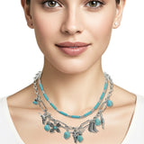 108134, WESTERN STEER HEAD BOOTS CACTUS TURQUOISE CHARM DOUBLE LAYERED NECKLACE