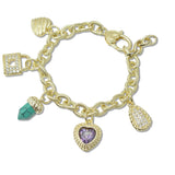108775, 14K GOLD PLATED TURQUOISE STONE HEART LOCK MULTI CHARM DESIGNER INSPIRED BRACELET
