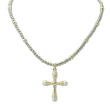 108778, 14K GOLD PLATED PEARL ACCENT CROSS BEADED DESIGNER INSPIRED PENDANT NECKLACE
