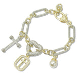 108782, 14K GOLD PLATED CROSS CUBIC ZIRCONIA CHARM DESIGNER INSPIRED BRACELET
