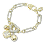 108783, 14K GOLD PLATED CLOVER CUBIC ZIRCONIA CHARM DESIGNER INSPIRED BRACELET