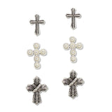 108796, PEARL ACCENT VARIOUS CROSS 3 PAIR STUD EARRING SET