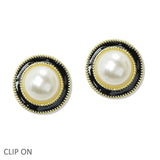 108802, ENAMEL ACCENT ROUND PEARL CLIP ON EARRING
