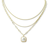 108827, GEOMETRIC PEARL CHARM ACCENT TRIPLE LAYERED NECKLACE