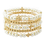 108837, CROSS ACCENT PEARL BALL BEADED MULTI LAYERED STRETCH BRACELET