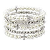 108837, CROSS ACCENT PEARL BALL BEADED MULTI LAYERED STRETCH BRACELET