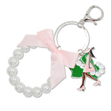 108838, PINK GREEN FASHIONABLE LADY ENAMEL CHARM BOW PEARL STRETCH BRACELET KEYCHAIN BAG CHARM