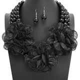 108857, TRIPLE BLING FABRIC FLOWER ACCENT WITH PEARL STRAND NECKLACE