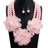 108857, TRIPLE BLING FABRIC FLOWER ACCENT WITH PEARL STRAND NECKLACE