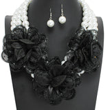 108857, TRIPLE BLING FABRIC FLOWER ACCENT WITH PEARL STRAND NECKLACE