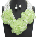 108857, TRIPLE BLING FABRIC FLOWER ACCENT WITH PEARL STRAND NECKLACE