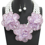 108857, TRIPLE BLING FABRIC FLOWER ACCENT WITH PEARL STRAND NECKLACE