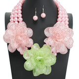 108858, TRIPLE BLING FABRIC FLOWER ACCENT WITH PEARL STRAND NECKLACE